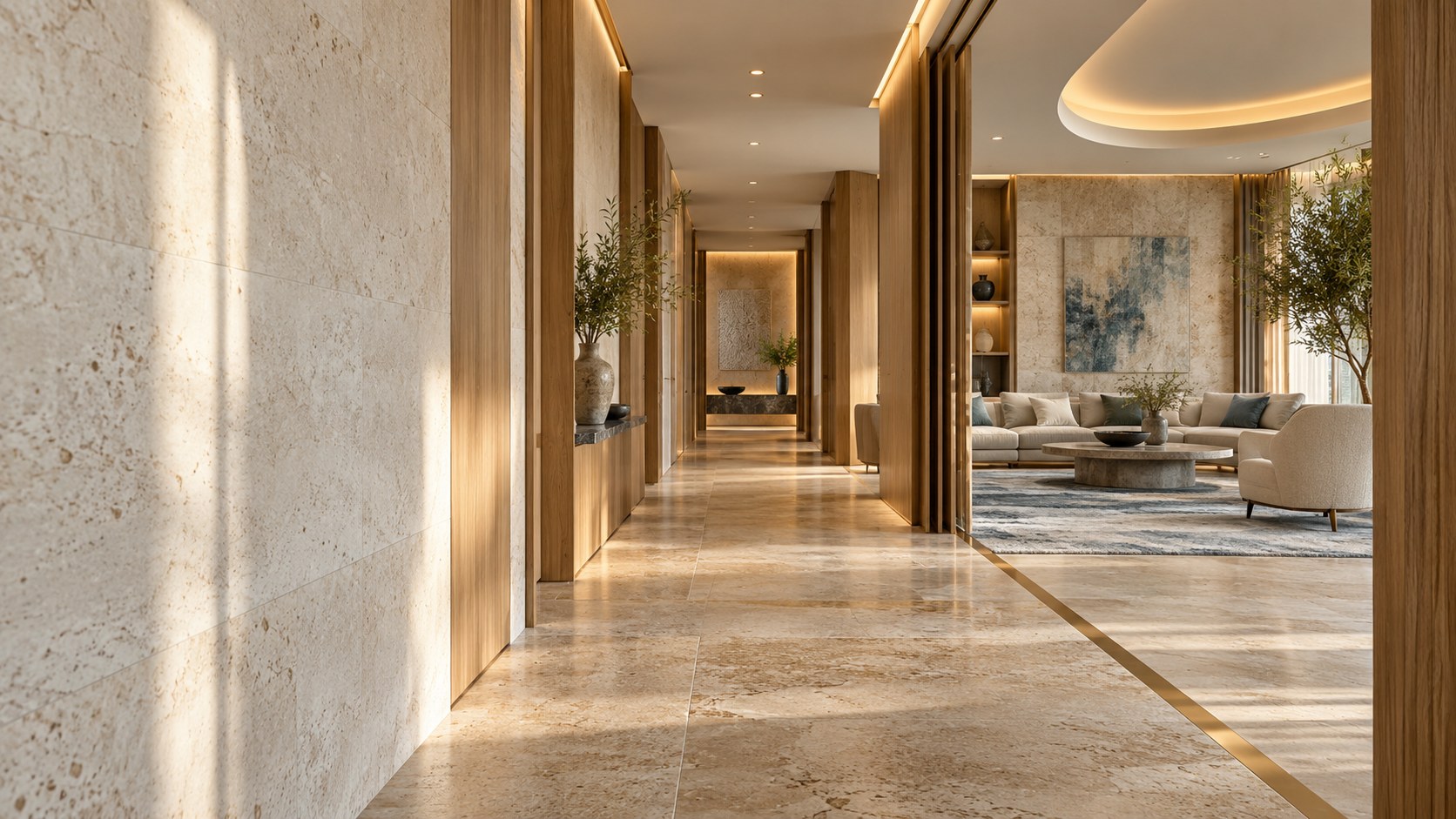 Illustrative refined architectural corridor with precisely coordinated ceiling, timber joinery and stone finishes