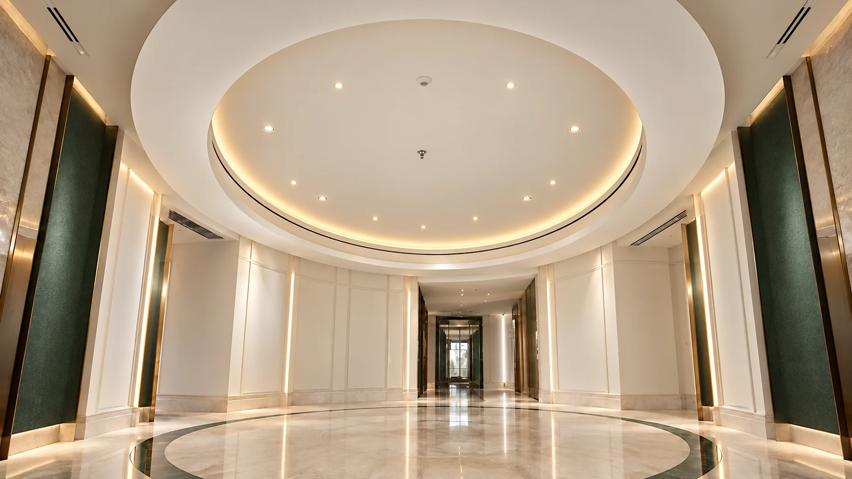 Illustrative circular GRG ceiling with warm concealed lighting