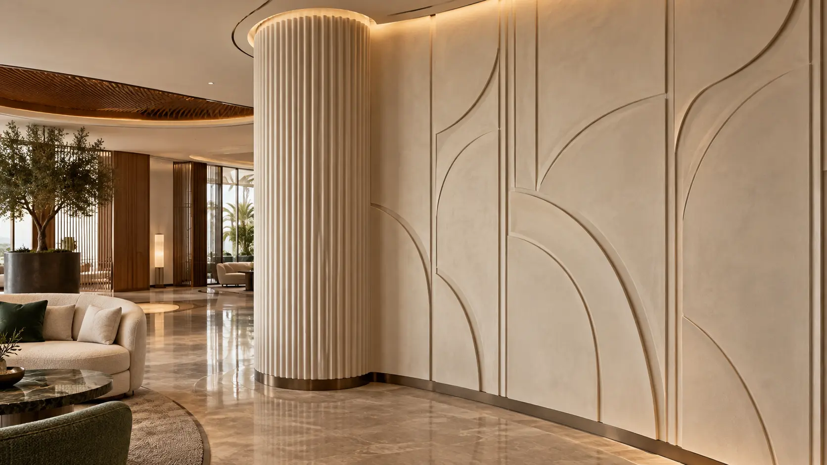 Illustrative moulded GRG wall panels and fluted column detail